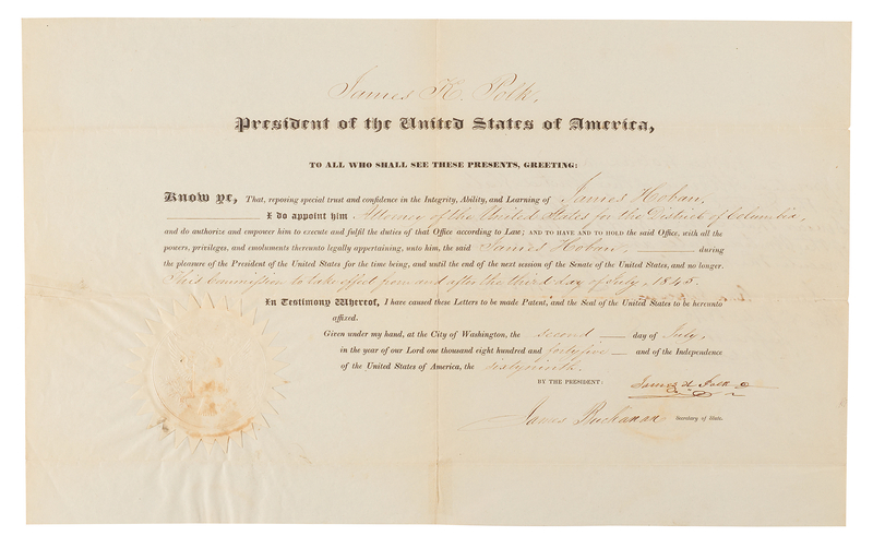 Lot 27 James K. Polk and James Buchanan Document Signed as President and Secretary of State, Appointing the White House Architect's Son as U.S. Attorney