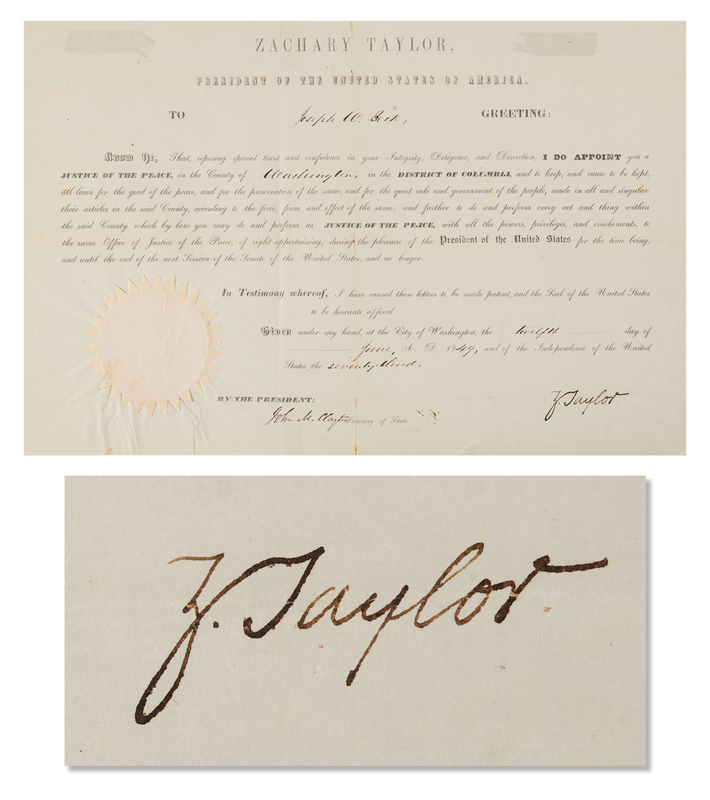 Lot 28 Zachary Taylor Document Signed as President, Appointing a Justice of the Peace for Washington, D.C.