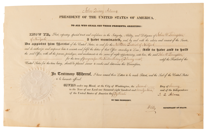 Lot 15 John Quincy Adams and Henry Clay Document Signed as President and Secretary of State, Appointing a Marshal of the United States