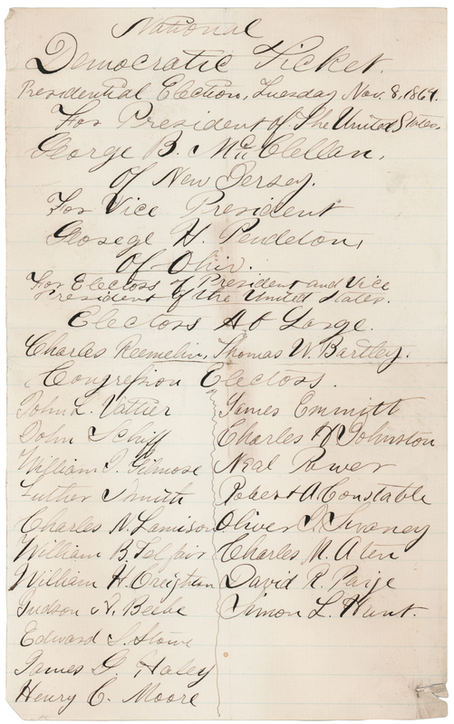 Lot 491 George B. McClellan and George H. Pendleton 1864 Presidential Election Ballot
