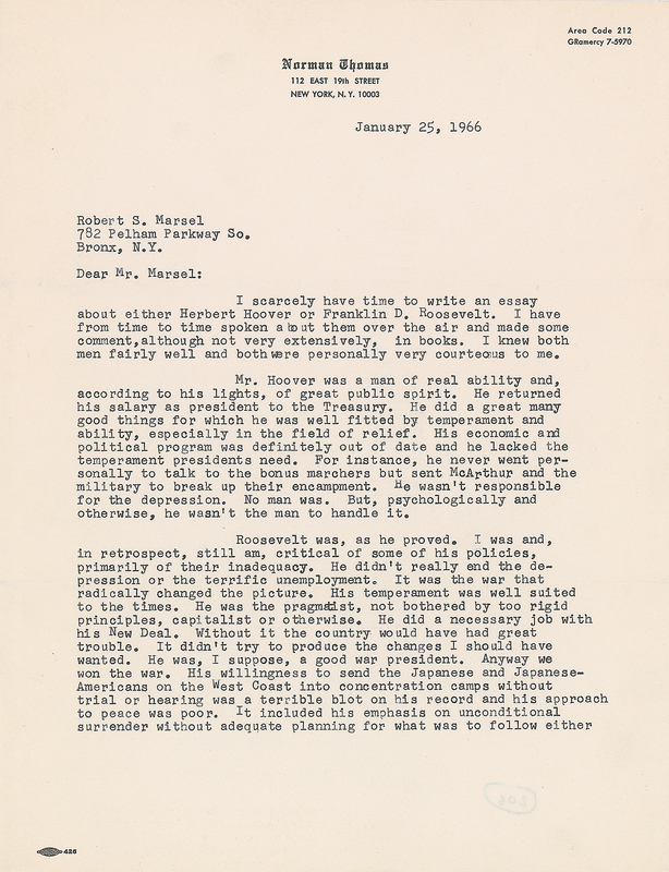 Lot 424 Norman Thomas Typed Letter Signed on Hoover and FDR: 
