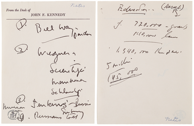 Lot 131 John F. Kennedy Handwritten Notes