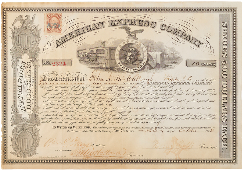 Lot 437 Henry Wells and William Fargo Signed 'American Express Company' Stock Certificate