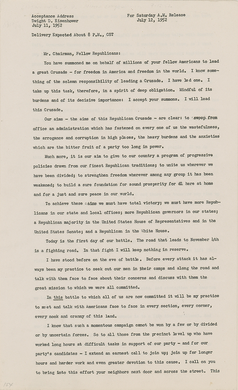 Lot 101 Dwight D. Eisenhower Signed Souvenir Typescript - 'Acceptance Address' for the Presidential Nomination