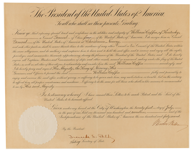 Lot 230 Woodrow Wilson War-Dated Document Signed as President