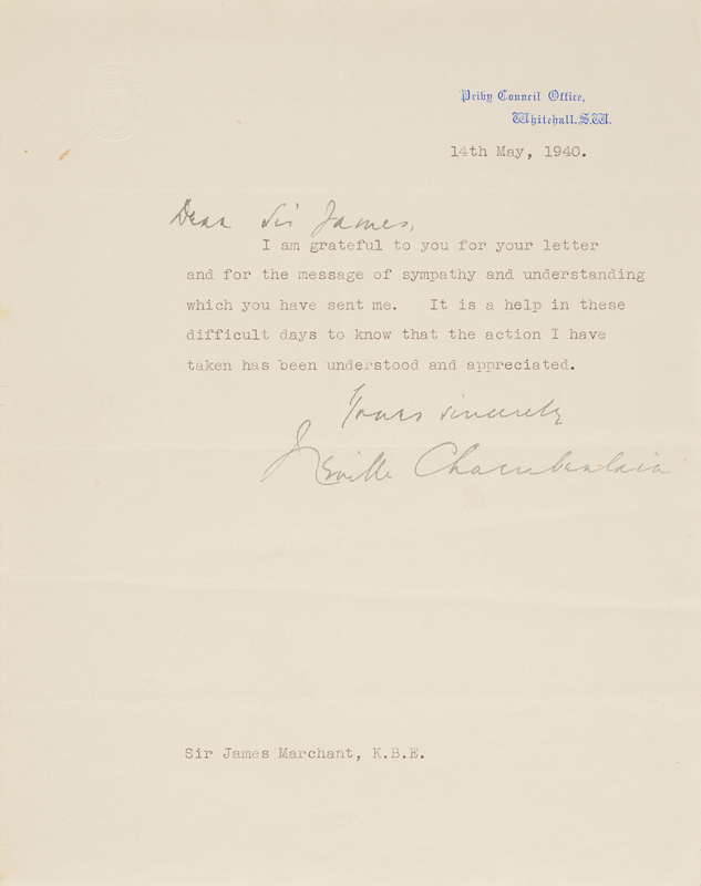Lot 261 Neville Chamberlain World War II-Dated Typed Letter Signed on 