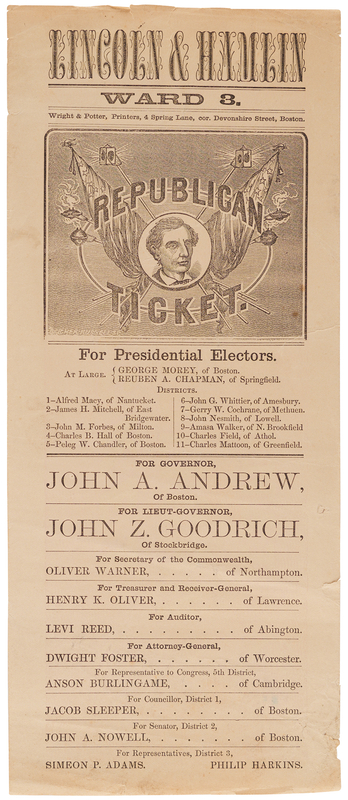 Lot 143 Abraham Lincoln and Hannibal Hamlin 1860 Presidential Election Ballot for Massachusetts