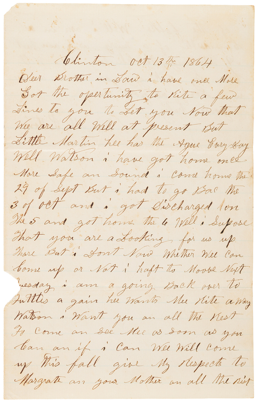 Lot 155 Abraham Lincoln: Union Soldier's Letter (October 13, 1864)