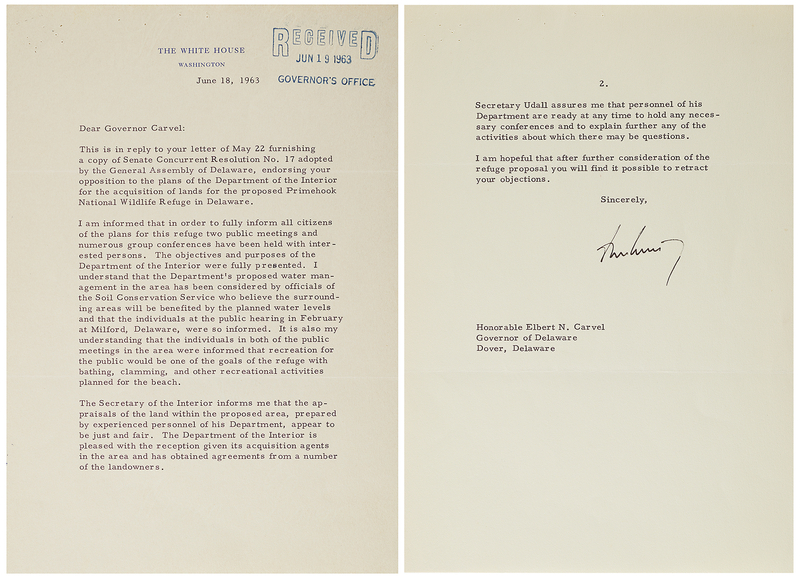 Lot 56 John F. Kennedy Typed Letter Signed as President, Defending His Proposal for a National Wildlife Refuge in Delaware