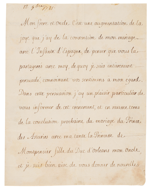 Lot 273 King Louis XV Letter Signed to the Elector of Bavaria on His Impending Royal Marriage: 