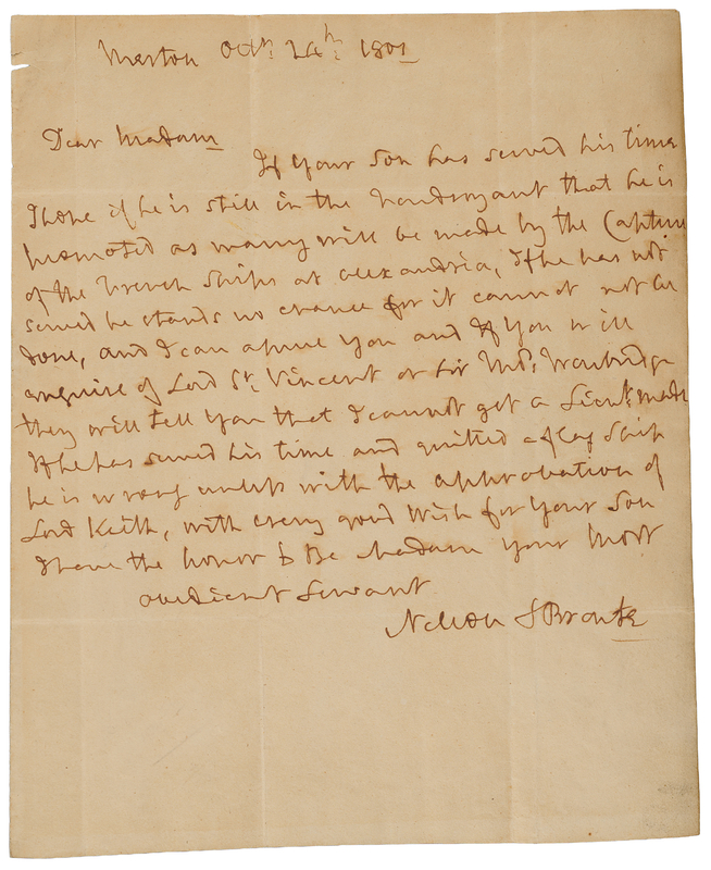 Lot 454 Horatio Nelson Autograph Letter Signed, on the Promotion of Future Rear Admiral Francis Collier: 