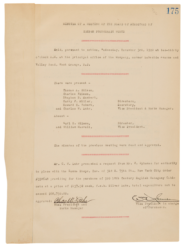 Lot 310 Thomas Edison Document Signed - Edison Phonograph Works Meeting Minutes, Approving the Purchase of 18th-Century English Mahogany Cabinets