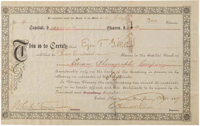 Lot 308 Thomas Edison Document Signed - Early Stock Certificate for the Edison Phonograph Company