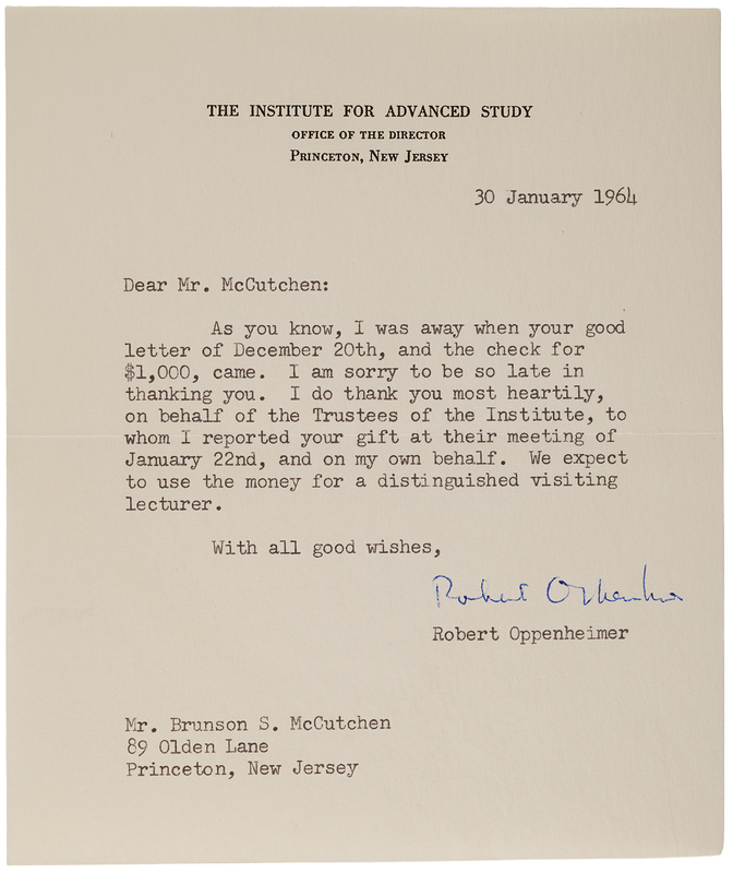 Lot 318 Robert Oppenheimer Typed Letter Signed, Sending Thanks for a Donation to the Institute for Advanced Study: 