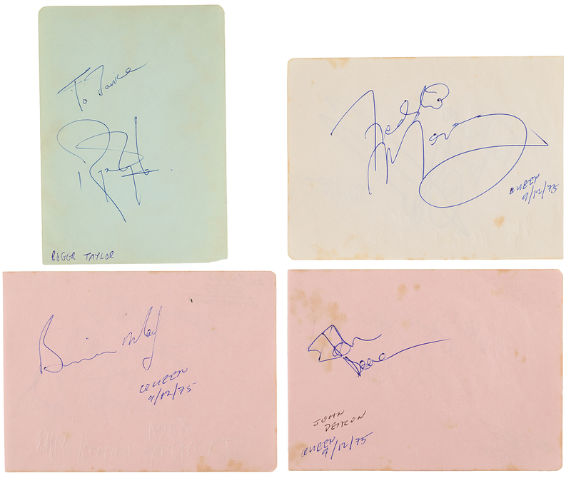 Lot 618 Queen Signatures (1975 and 1977) with Additional Autographs of Elton John, Cat Stevens, and Hawkwind