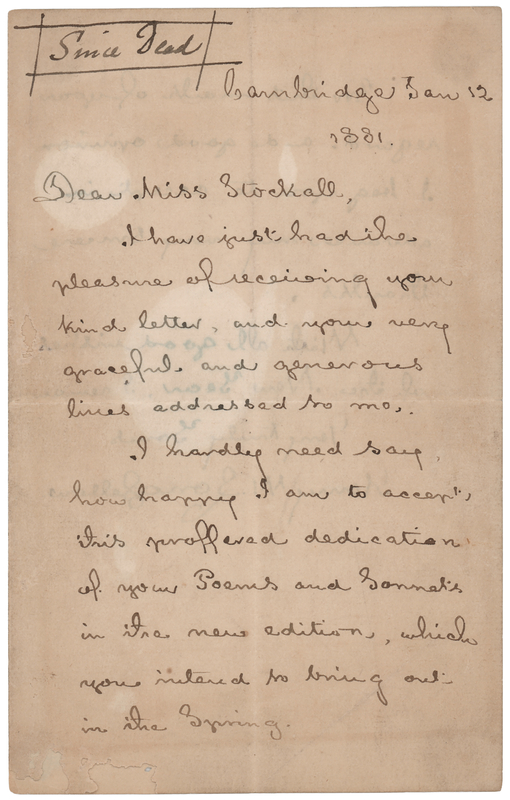 Lot 598 Henry Wadsworth Longfellow Autograph Letter Signed to a Fellow Poet