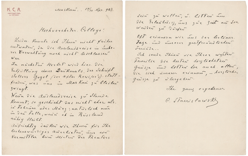 Lot 779 Konstantin Stanislavsky Autograph Letter Signed
