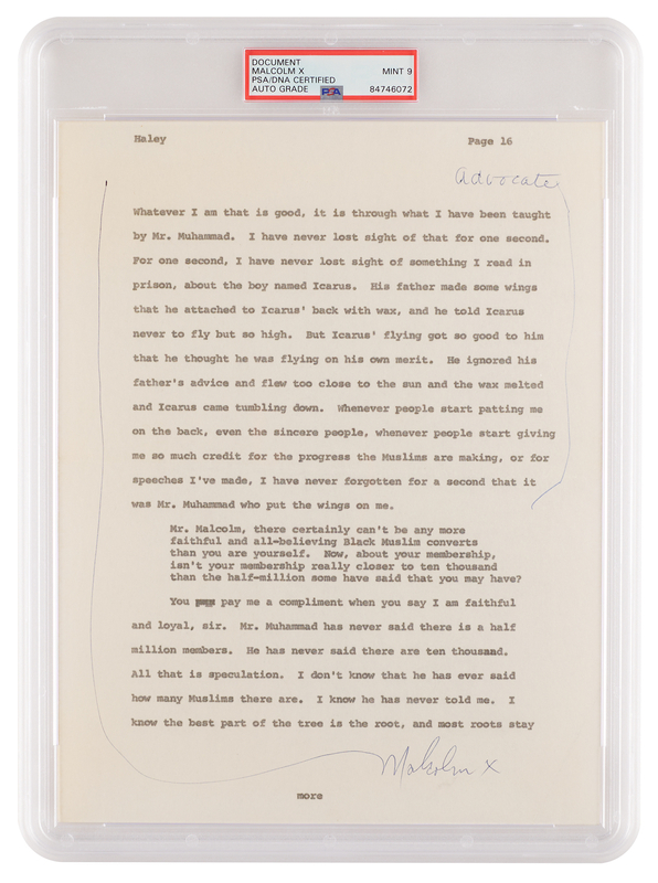 Lot 292 Malcolm X Signed Page for Alex Haley?s Playboy Interview - PSA MINT 9
