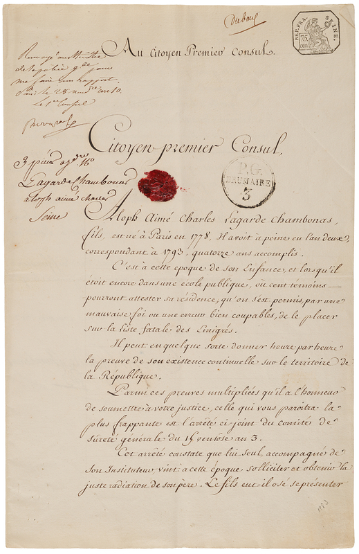 Lot 450 Napoleon Document Signed - Requesting a Police Report on an Émigré