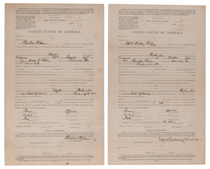 Lot 48 Woodrow and Edith Wilson (2) Signed Passport Applications - Preparing for the Paris Peace Conference and Treaty of Versailles