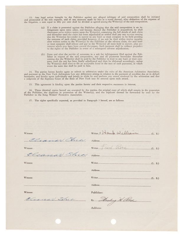 Lot 606 Hank Williams and Fred Rose Copyright Document Signed for 
