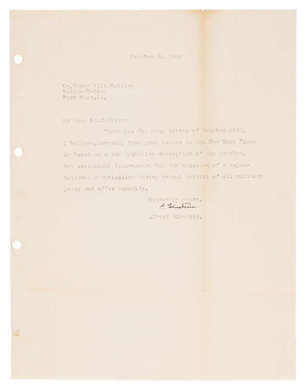 Lot 315 Albert Einstein Typed Letter Signed, Proposing a World Government as the Solution to Atomic Warfare: 