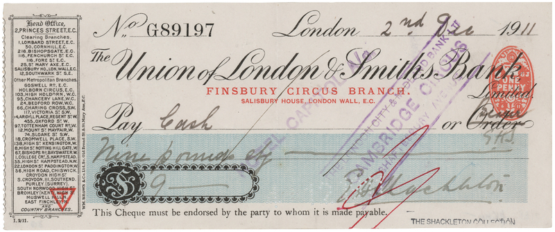 Lot 421 Ernest Shackleton Signed Check