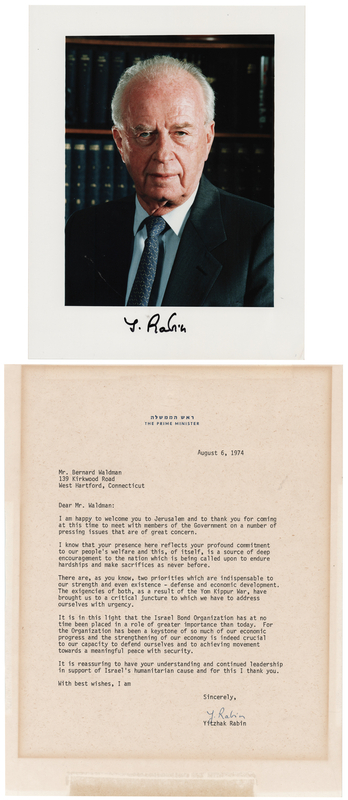 Lot 415 Yitzhak Rabin Signed Photograph and Typed Letter Signed