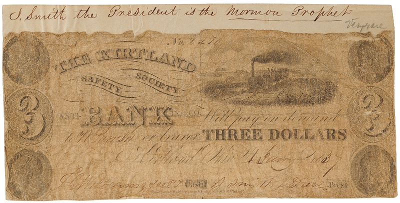 Lot 283 Joseph Smith Signed Currency - $3 Kirtland Safety Society Banknote