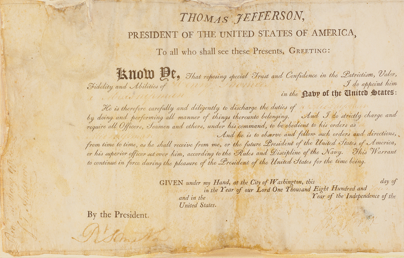 Lot 8 Thomas Jefferson Document Signed as President, Appointing a Midshipman in the United States Navy