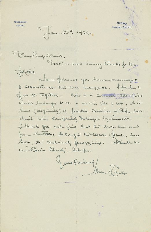 Lot 354 Howard Carter Autograph Letter Signed on the Reconstruction of an Ancient Artifact