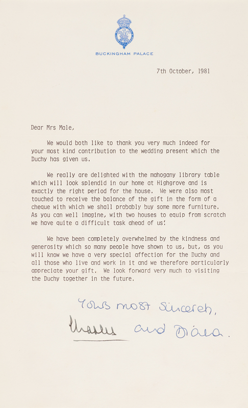 Lot 274 Princess Diana and King Charles III Typed Letter Signed