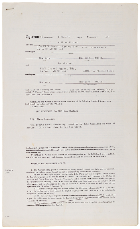 Lot 777 William Shatner Document Signed for. His Novel Tek Vengence