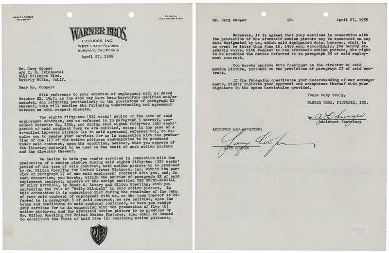 Lot 759 Gary Cooper Document Signed for The Court-Martial of Billy Mitchell