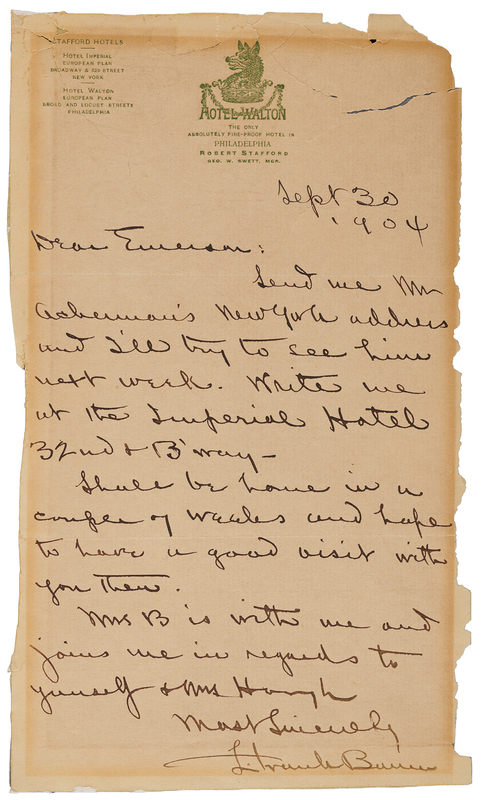 Lot 577 L. Frank Baum Autograph Letter Signed, Heading to Broadway During the Wizard of Oz Musical's Run