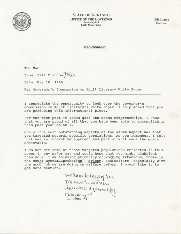 Lot 97 Bill Clinton Signed Memorandum as Governor of Arkansas on Adult Literacy