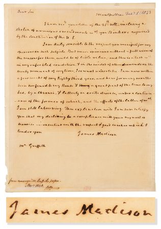 Lot #10 James Madison Autograph Letter Signed on US Constitution, Declining to Opine on 