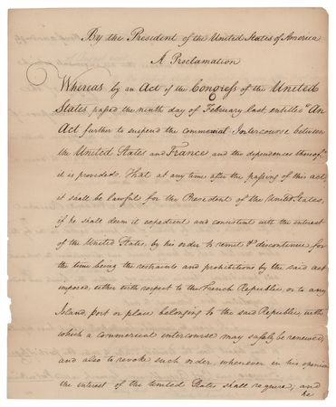 Lot #75 John Adams: Manuscript Proclamation of an Act of Congress, Restoring Trade with St. Domingo - Image 1