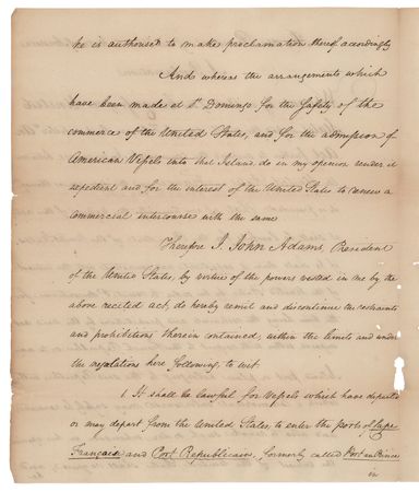 Lot #75 John Adams: Manuscript Proclamation of an Act of Congress, Restoring Trade with St. Domingo - Image 3