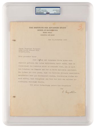 Lot #314 Albert Einstein Typed Letter Signed to an Aryan German on the Rise of Nazism (1933): 