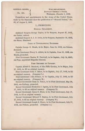 Lot #473 [George A. Custer] General Orders No. 181, Listing Custer's Promotion to 1st Lieutenant (November 1, 1862) - Image 1