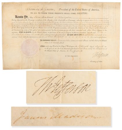 Lot #7 Thomas Jefferson and James Madison Document Signed as President and Secretary of State, Granting Land to Former President of the Confederation Congress Elias Boudinot - Image 1