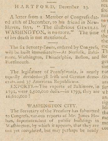 Lot #219 George Washington: The Connecticut Courant from December 23, 1799 - 