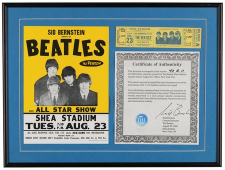 Lot #656 Beatles 1966 Shea Stadium Concert Ticket and Flyer - Image 1