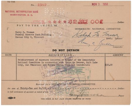 Lot #207 Harry S. Truman Twice-Signed Check from the Democratic National Committee - Image 1