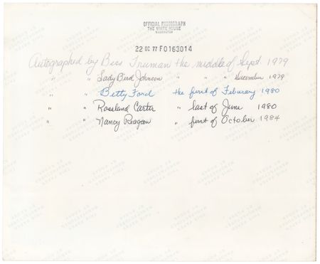 Lot #103 First Ladies (6) Signed Photograph - Truman, Johnson, Ford, Carter, Reagan, and Bush - Image 2