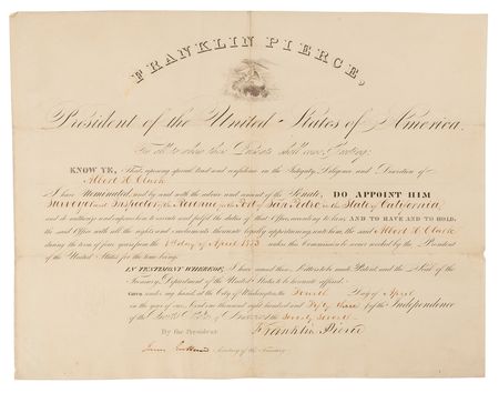 Lot #30 Franklin Pierce Document Signed as President, Appointing an Inspector of Revenue for the Port of San Pedro, California - Image 1