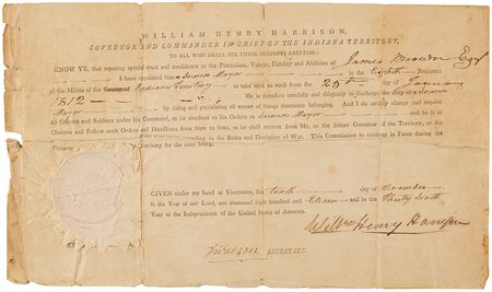 Lot #22 William Henry Harrison Document Signed as Governor of the Indiana Territory, Appointing a Militia Major in the Year of Tecumeh's Defeat - Image 1
