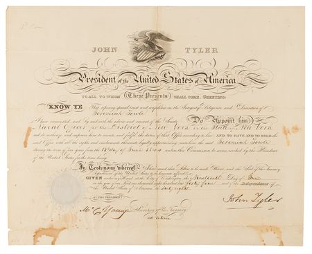 Lot #24 John Tyler Document Signed as President, Appointing a Naval Officer for the District of New York - Image 1