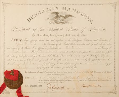 Lot #114 Benjamin Harrison Document Signed as President, Appointing a Postmaster - Image 2